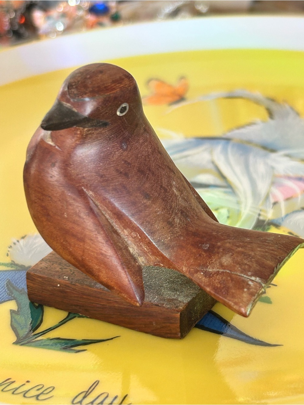 Vintage Siwok Hand-Carved Brown Wooden Bird Perch Figurine Argentina